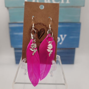 E28 Pink Feather Earrings with Rose Charm