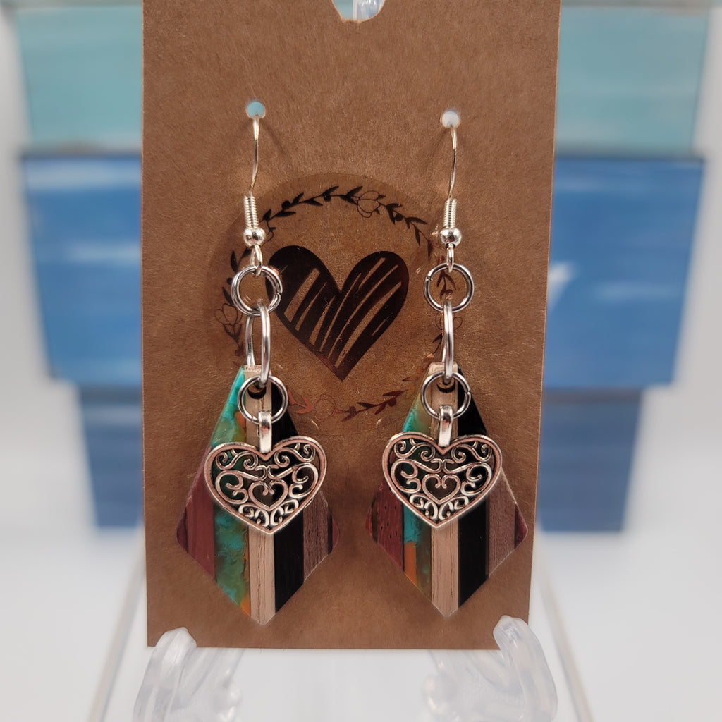 Multi Colored Wood Resin Earrings with Heart Charm