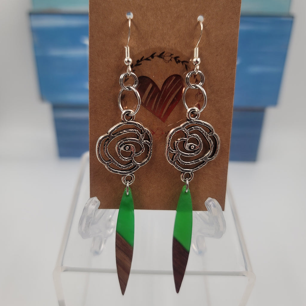 Green Wooden Resin Earrings with Rose Charm