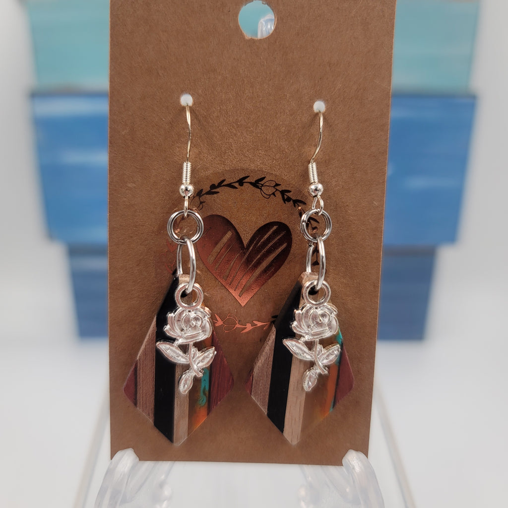 E7 Multi Colored Wooden Resin Earrings with Rose Charm