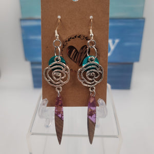 E21 Purple Wooden Resin Earrings with Rose Charm and Blue Shell