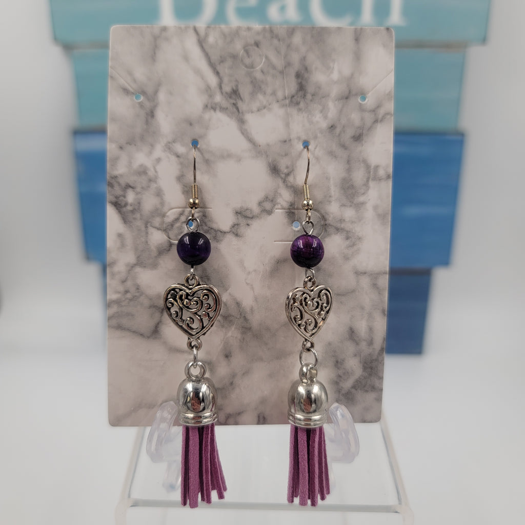 E31 Amethyst Earrings with Heart Charm and Lavender Tassle