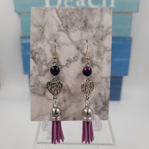 E31 Amethyst Earrings with Heart Charm and Lavender Tassle
