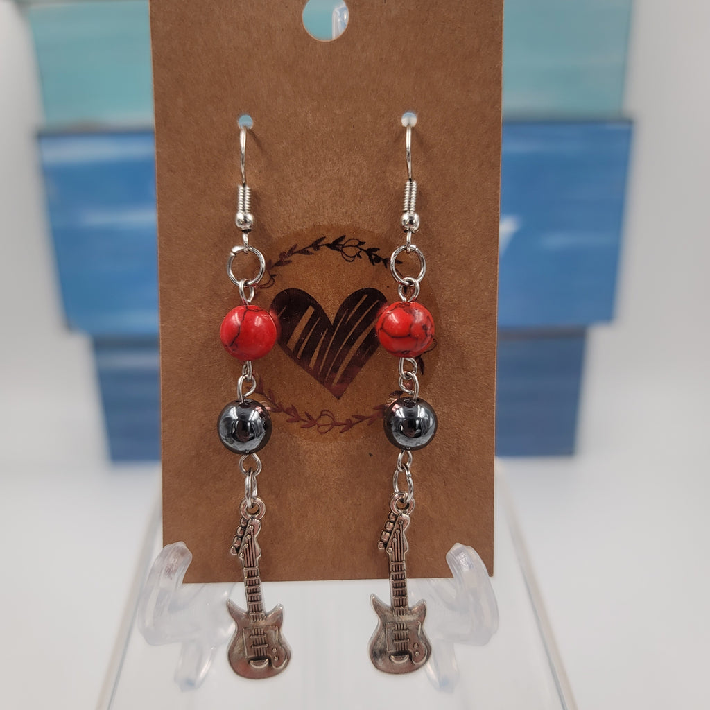 E15 Red Howlite and Hematite Earrings with Guitar Charms