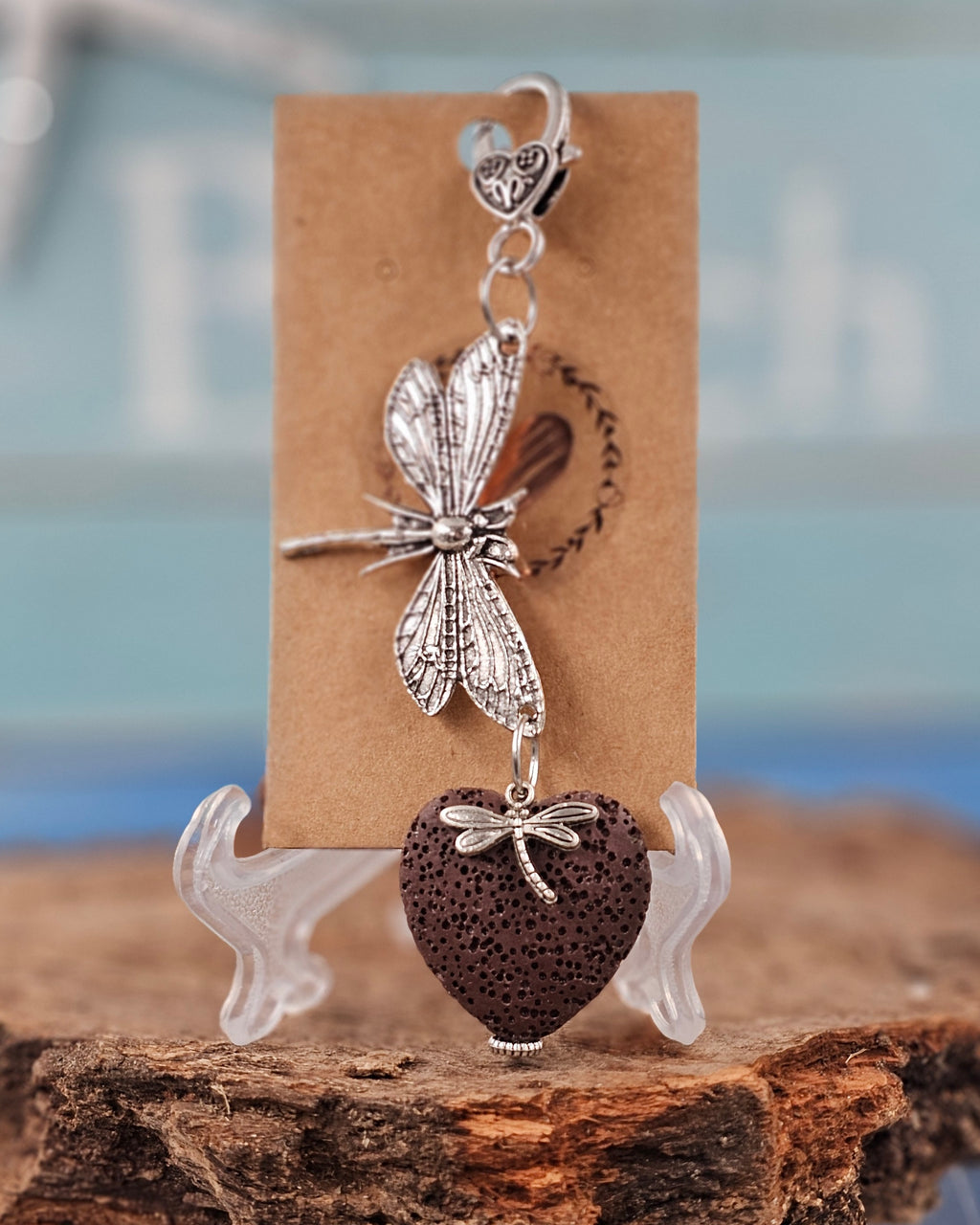 Chocolate Brown Dragonfly Lava Stone Heart Clip/ Keychain