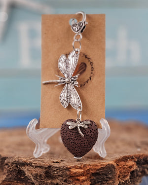Chocolate Brown Dragonfly Lava Stone Heart Clip/ Keychain