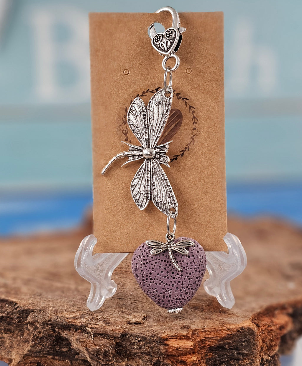 Lavendar Dragonfly Lava Stone Heart Clip/ Keychain
