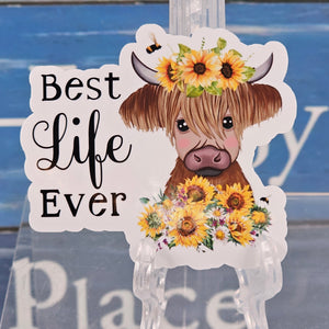 Sunflower Highland Cow Best Life Ever Sticker