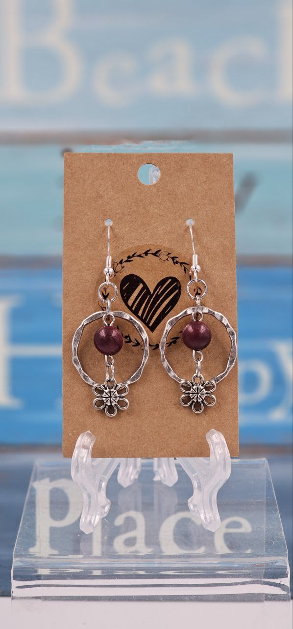 E20 Plum Wooden Bead Earrings with Flower Charm