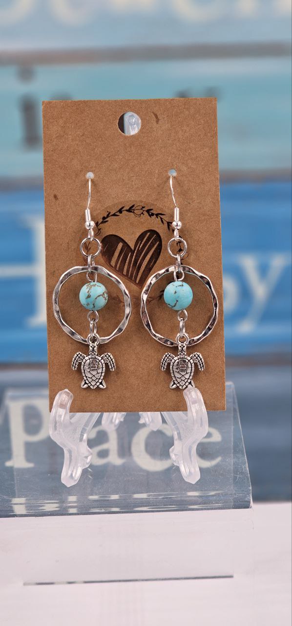 Turquoise Howlite Earrings with Turtle Charm