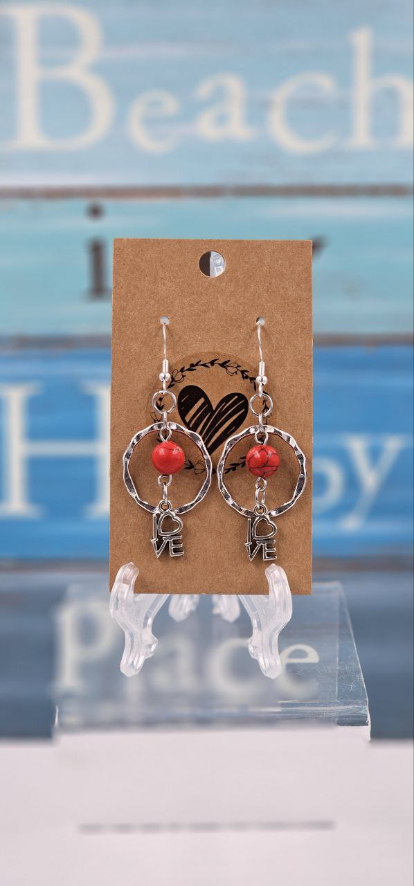 E19 Red Howlite Earrings with Love Heart Charm