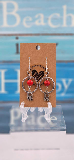 E7 Red Howlite Earrings with Love Heart Charm