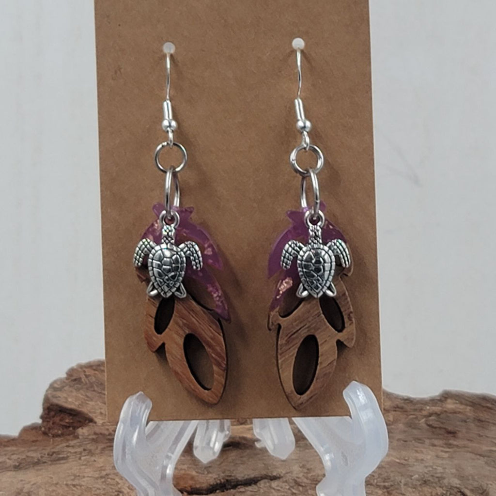 E4 Purple Wooden Resin Earrings with Turtle Charm