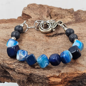 Blue Stripped Cube and Lava Bead Bracelet