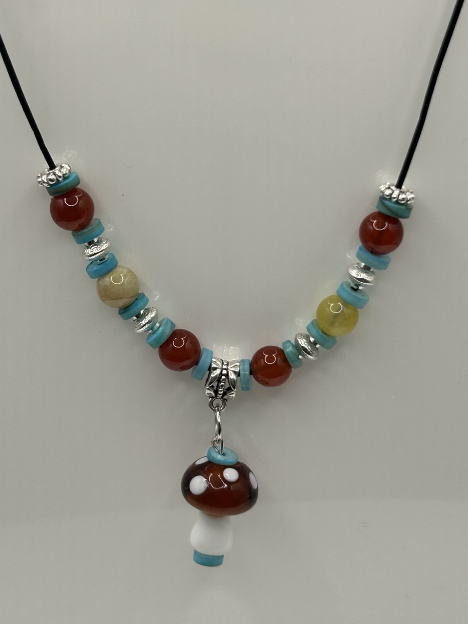 Foliage and Mushroom Leather Cord Necklace